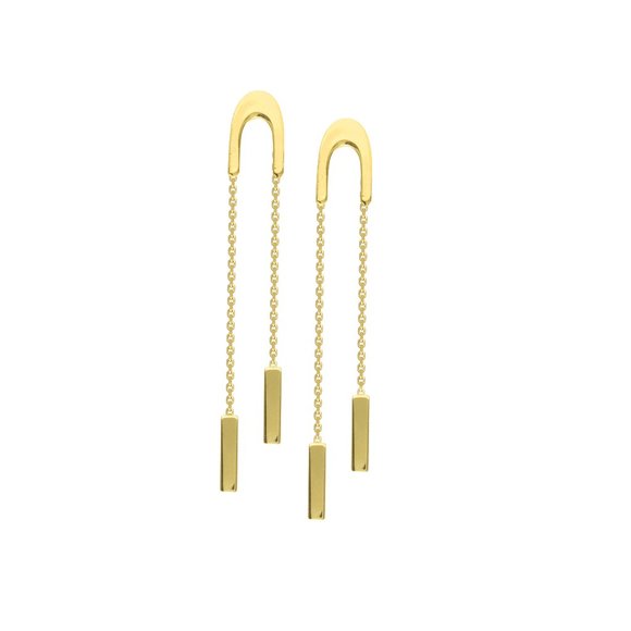 14K Solid Gold U Shape Post Dangle Bar Earrings